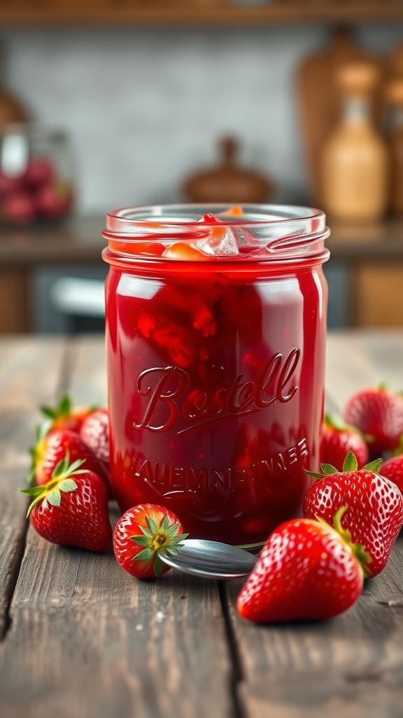 A jar of homemade strawberry jam with fresh strawberries on a wooden table.